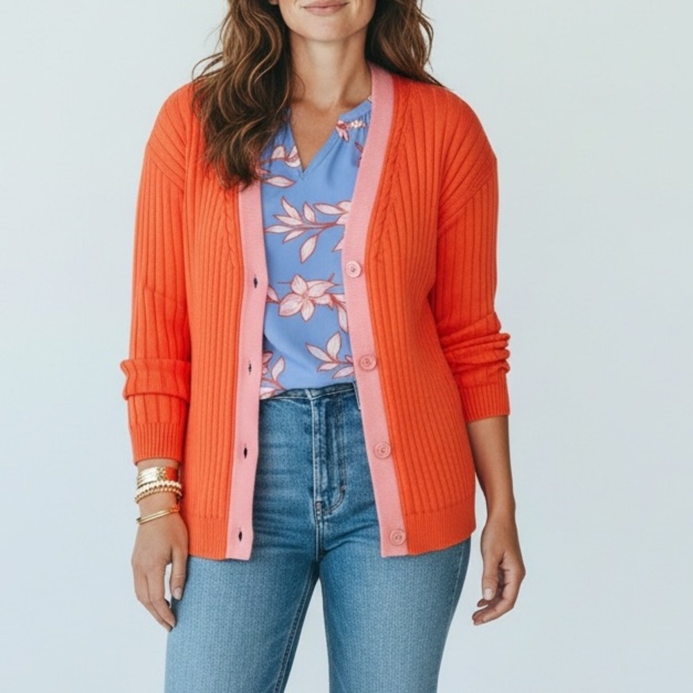 Talbots Salmon Orange Cardigan Sweater Rib Knit Pink Trim Button V